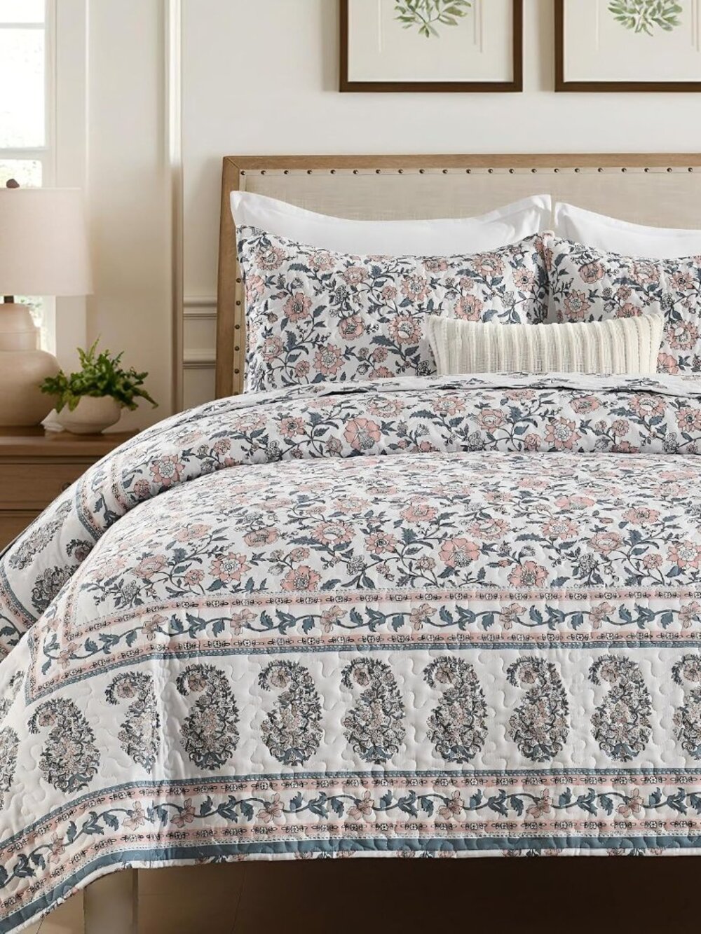 Floral Quilt Set Queen Size, Farmhouse Cottage Bedding Set, Pink Country Vintage